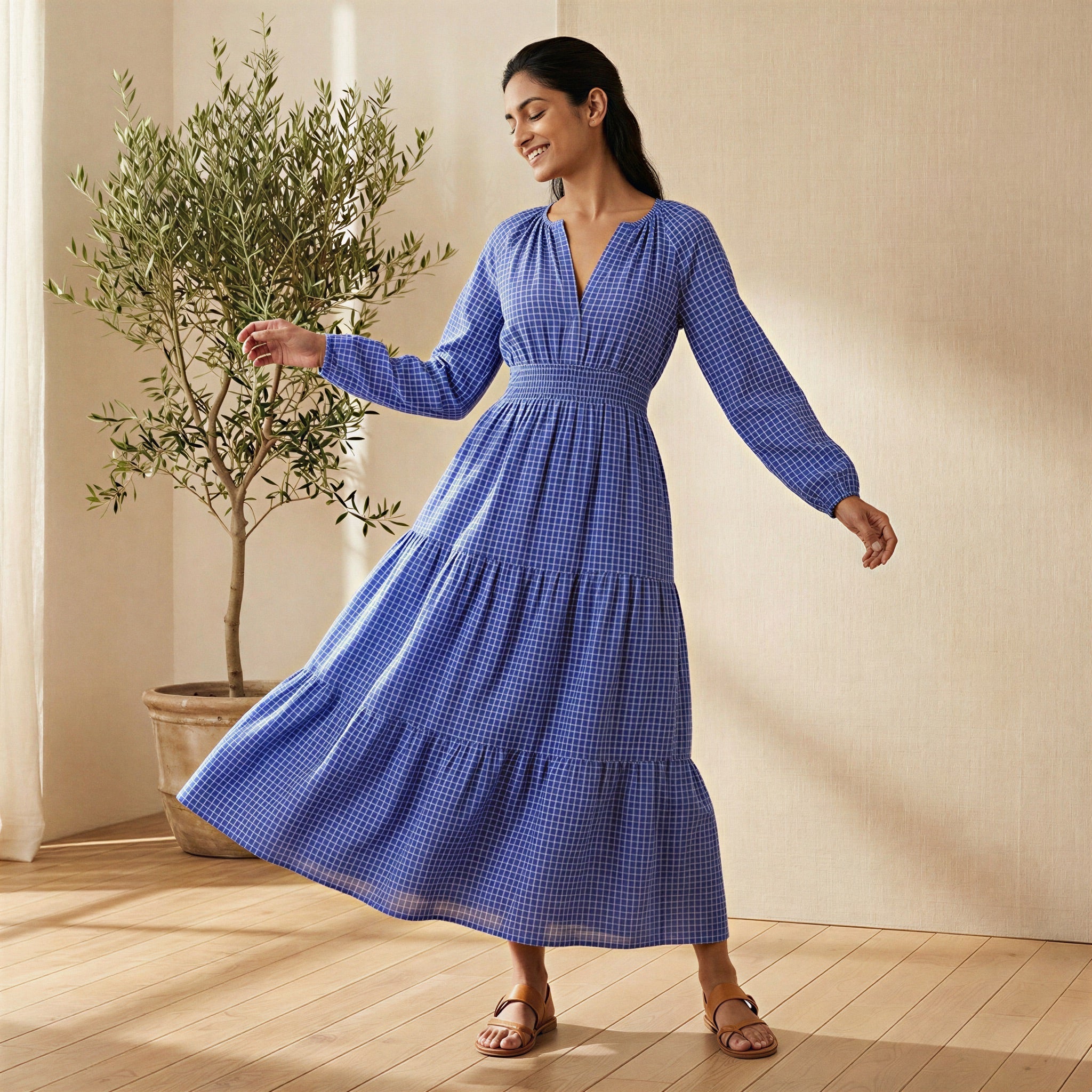 Navy Blue Checks Handspun Cotton Fit and Flare Maxi Tier Dress