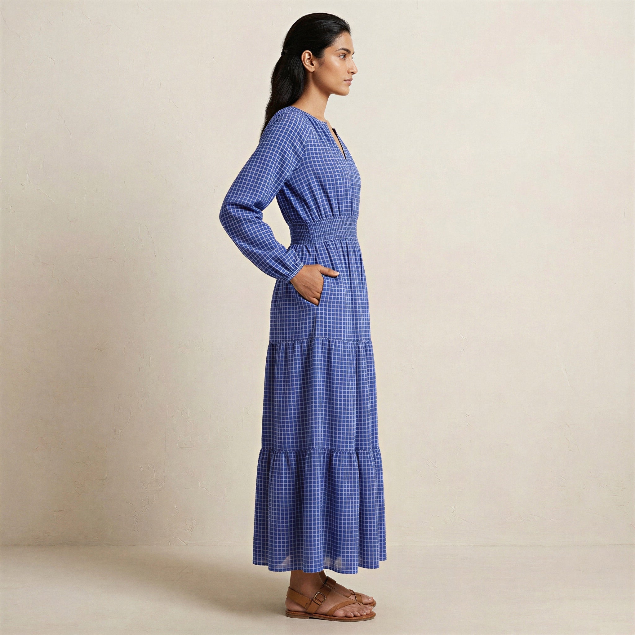 Navy Blue Checks Handspun Cotton Fit and Flare Maxi Tier Dress
