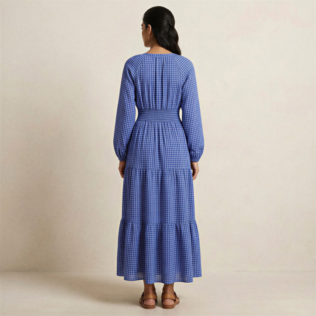 Navy Blue Checks Handspun Cotton Fit and Flare Maxi Tier Dress