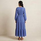 Navy Blue Checks Handspun Cotton Fit and Flare Maxi Tier Dress