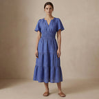 Navy Blue Checks Handspun Cotton Flutter Sleeve Tie-Back Tiered Midi Dress