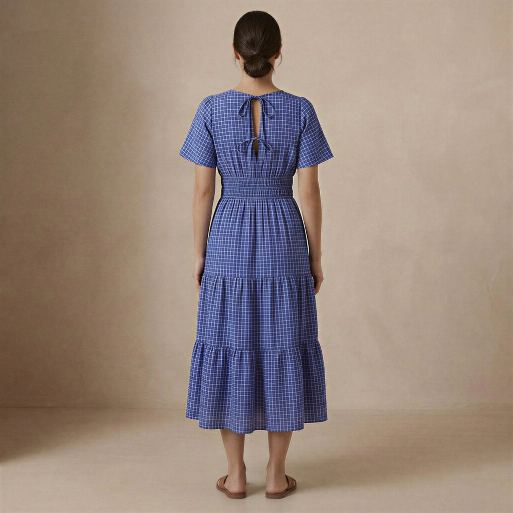 Navy Blue Checks Handspun Cotton Flutter Sleeve Tie-Back Tiered Midi Dress