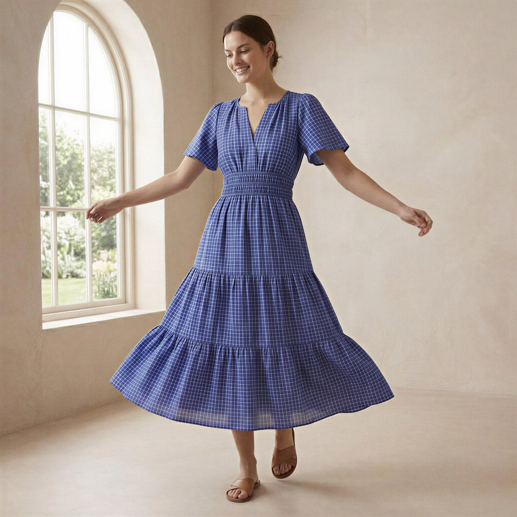 Navy Blue Checks Handspun Cotton Flutter Sleeve Tie-Back Tiered Midi Dress