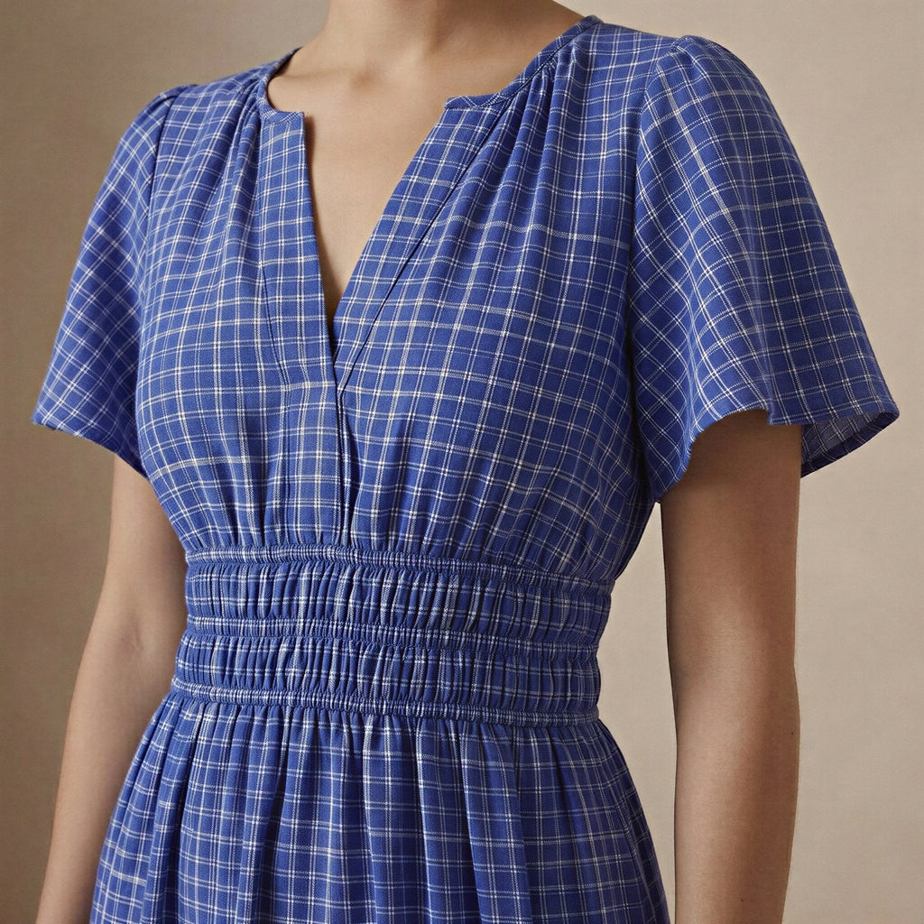 Navy Blue Checks Handspun Cotton Flutter Sleeve Tie-Back Tiered Midi Dress