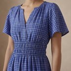 Navy Blue Checks Handspun Cotton Flutter Sleeve Tie-Back Tiered Midi Dress