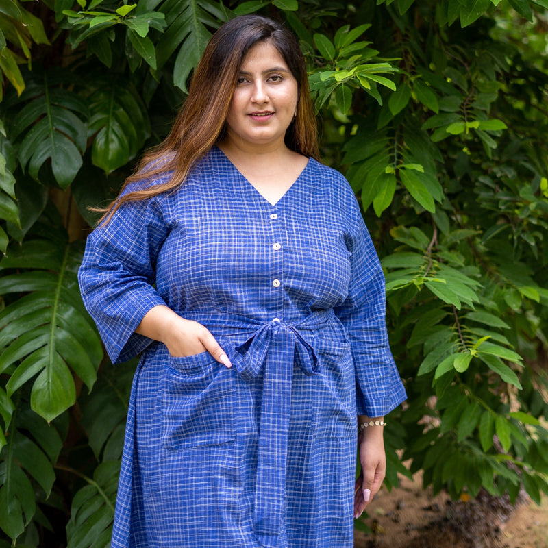 Navy Blue Checks Handspun Cotton Knee Length Button-Down Dress