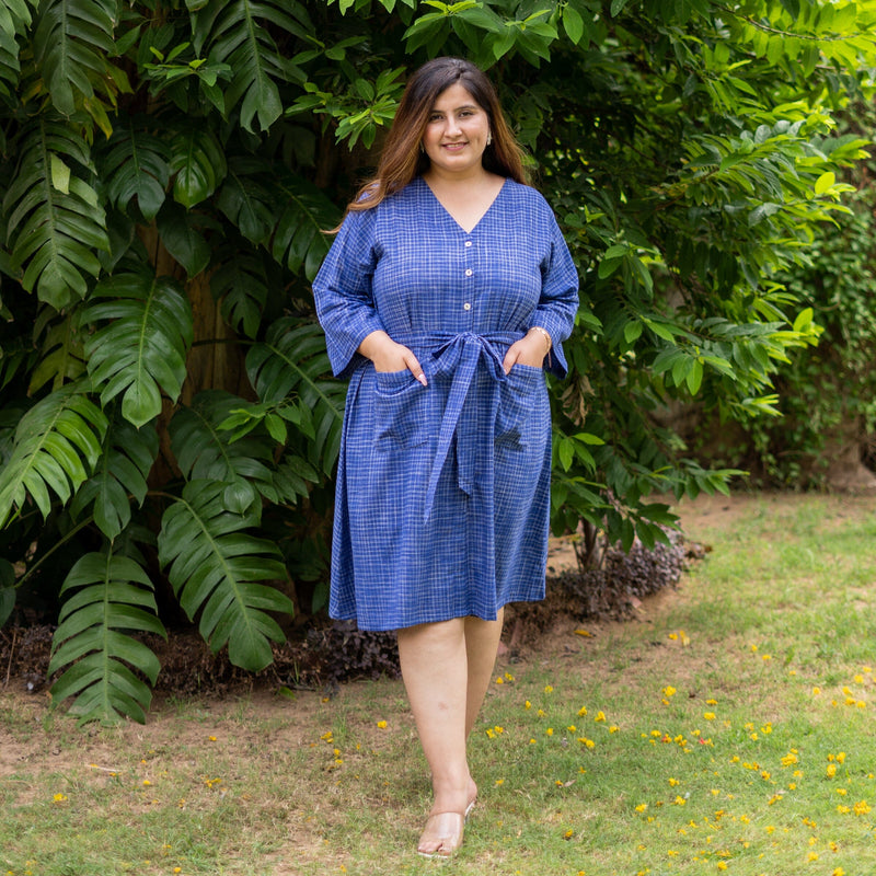 Navy Blue Checks Handspun Cotton Knee Length Button-Down Dress