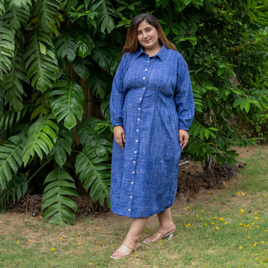 Navy Blue Checks Handspun Cotton Maxi Shirt Dress