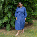 Navy Blue Checks Handspun Cotton Maxi Shirt Dress