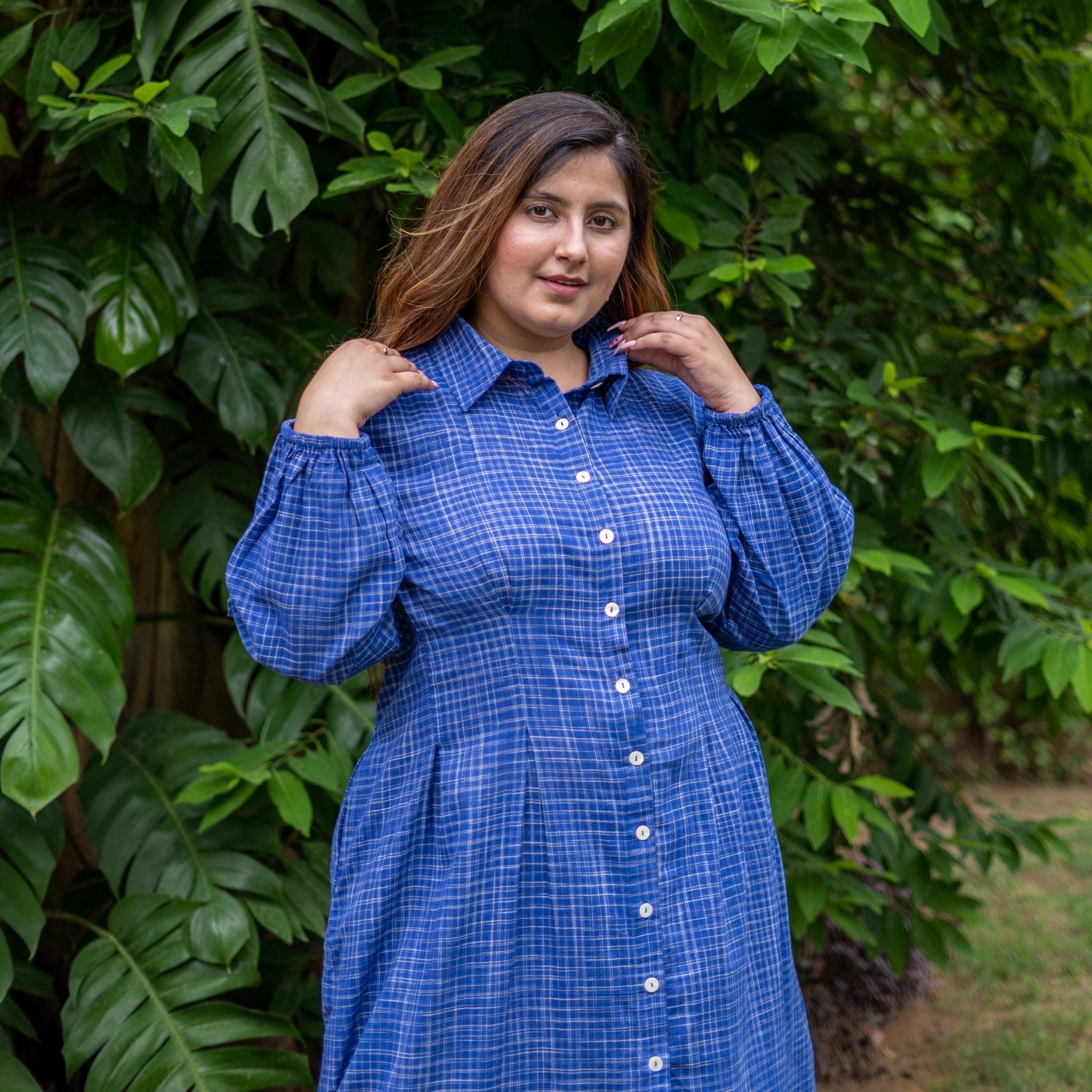 Navy Blue Checks Handspun Cotton Maxi Shirt Dress