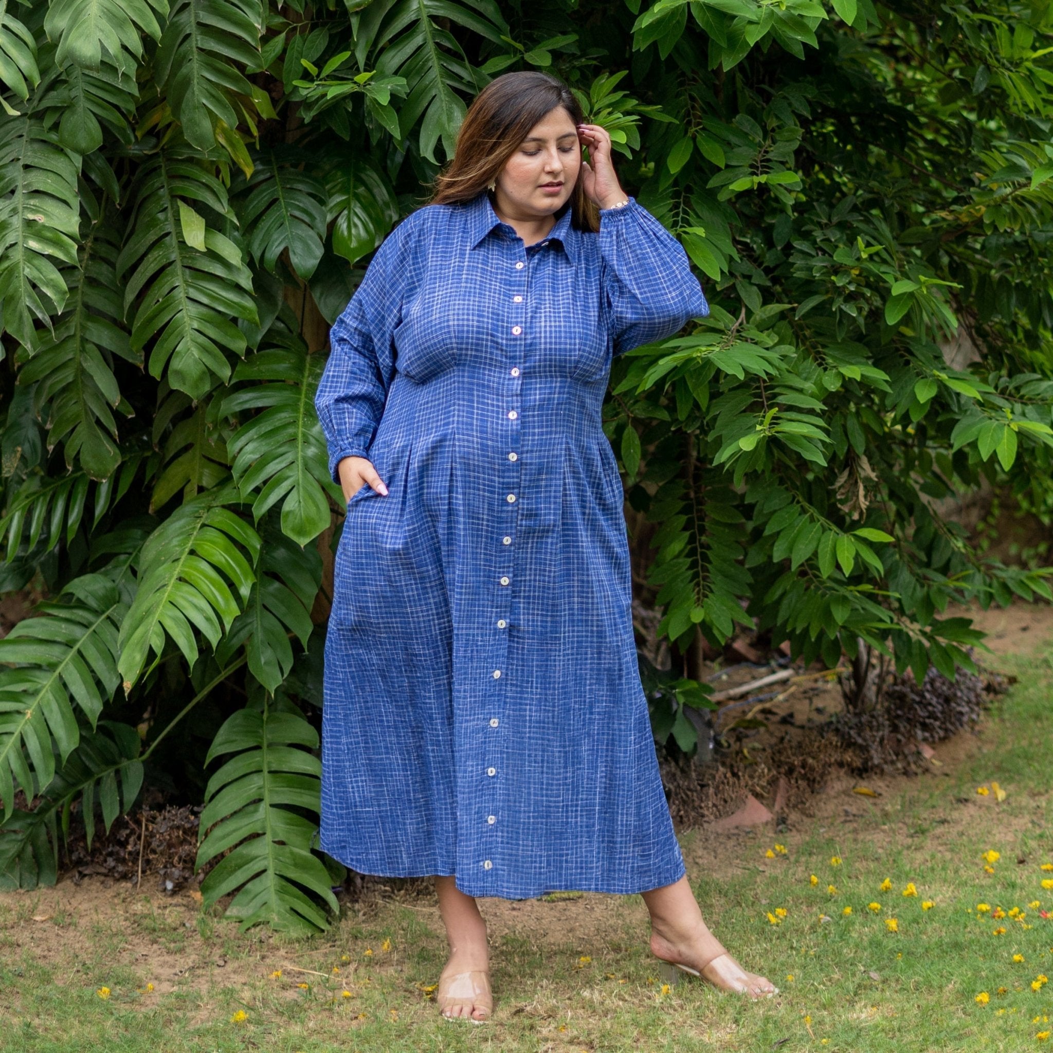 Navy Blue Checks Handspun Cotton Maxi Shirt Dress