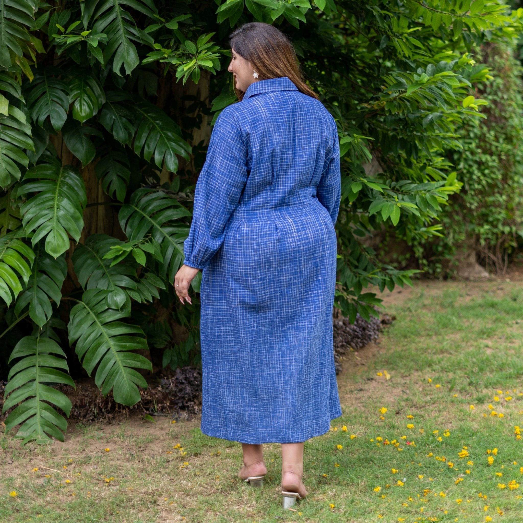 Navy Blue Checks Handspun Cotton Maxi Shirt Dress
