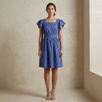 Navy Blue Checks Handspun Cotton Open-Back Fit and Flare Knee Length Dress