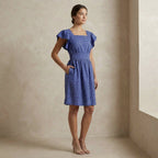 Navy Blue Checks Handspun Cotton Open-Back Fit and Flare Knee Length Dress