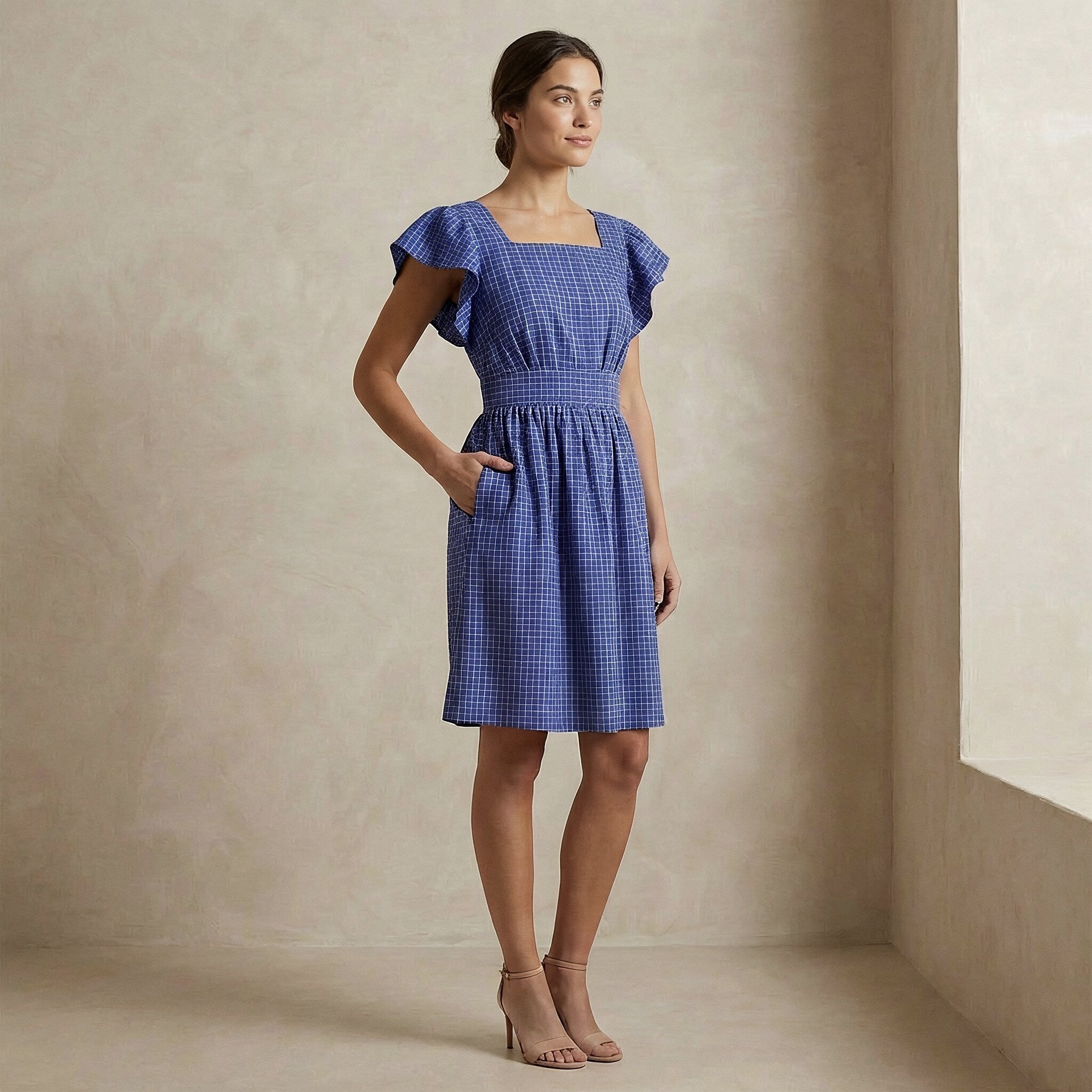 Navy Blue Checks Handspun Cotton Open-Back Fit and Flare Knee Length Dress
