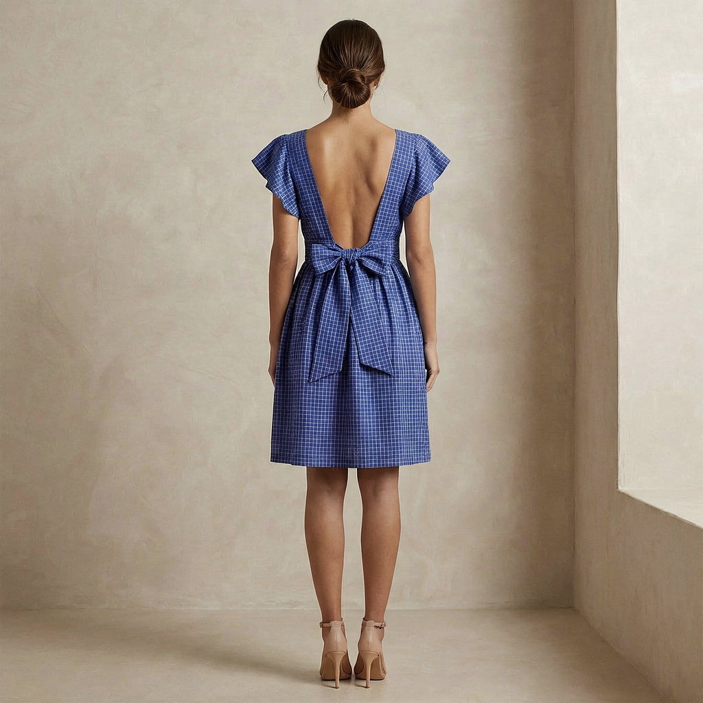 Navy Blue Checks Handspun Cotton Open-Back Fit and Flare Knee Length Dress