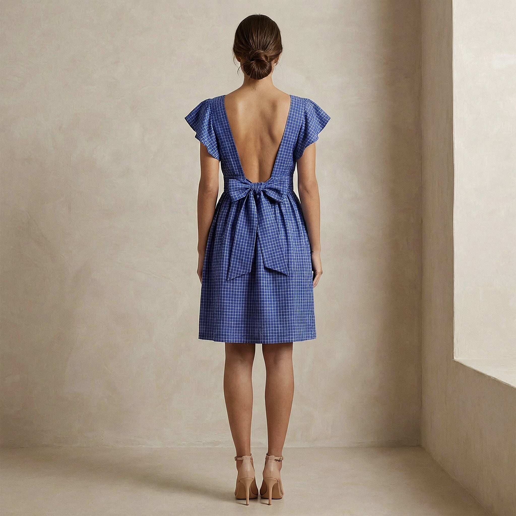 Navy Blue Checks Handspun Cotton Open-Back Fit and Flare Knee Length Dress
