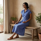 Navy Blue Checks Handspun Cotton Paneled A-Line Midi Dress