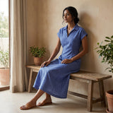 Navy Blue Checks Handspun Cotton Paneled A-Line Midi Dress