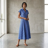 Navy Blue Checks Handspun Cotton Paneled A-Line Midi Dress