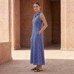 Navy Blue Checks Handspun Cotton Paneled Sleeveless Maxi Dress