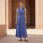 Navy Blue Checks Handspun Cotton Paneled Sleeveless Maxi Dress