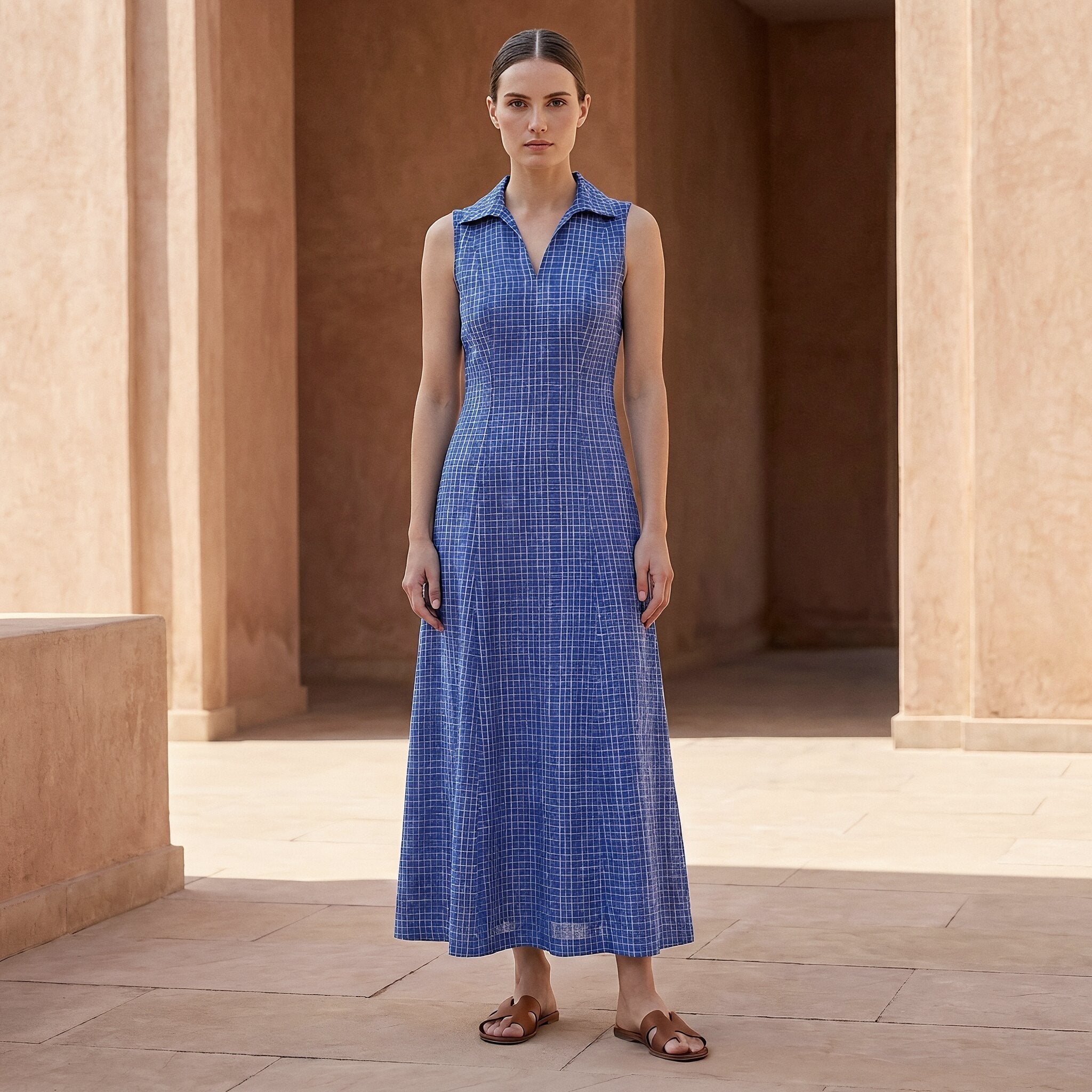 Navy Blue Checks Handspun Cotton Paneled Sleeveless Maxi Dress