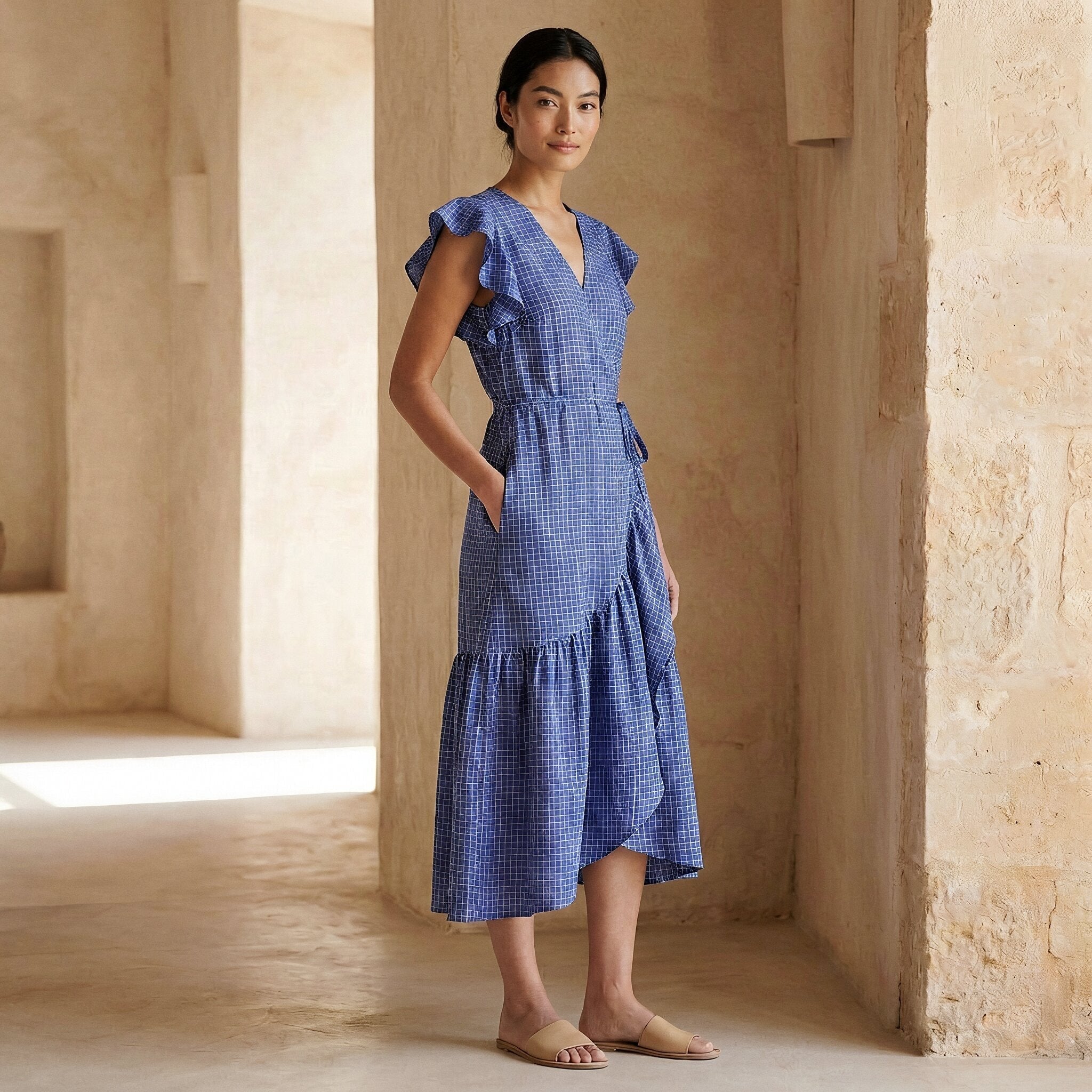 Navy Blue Checks Handspun Cotton Ruffle Midi Wrap Dress