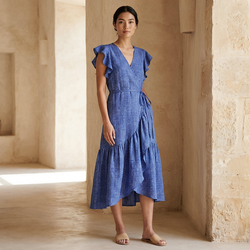 Navy Blue Checks Handspun Cotton Ruffle Midi Wrap Dress