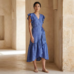 Navy Blue Checks Handspun Cotton Ruffle Midi Wrap Dress