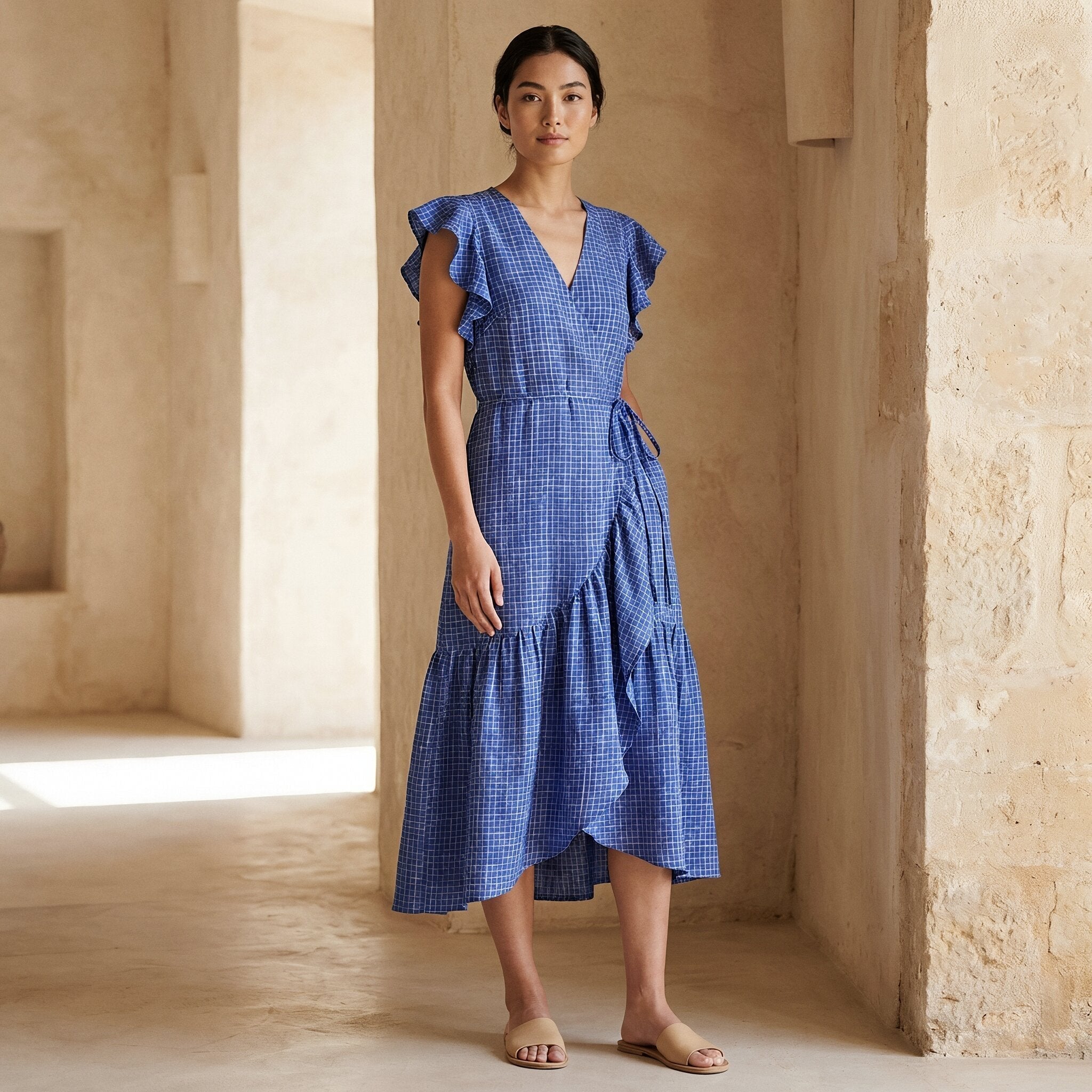 Navy Blue Checks Handspun Cotton Ruffle Midi Wrap Dress