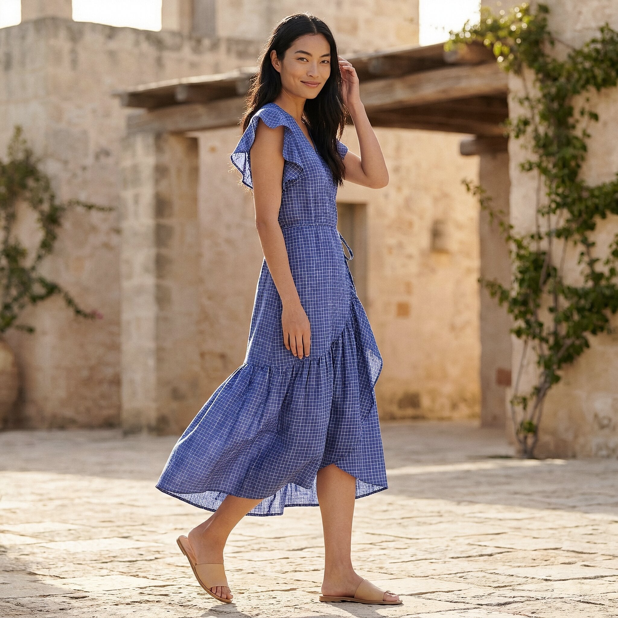 Navy Blue Checks Handspun Cotton Ruffle Midi Wrap Dress