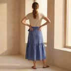 Navy Blue Checks Handspun Cotton Ruffle Midi Wrap Skirt