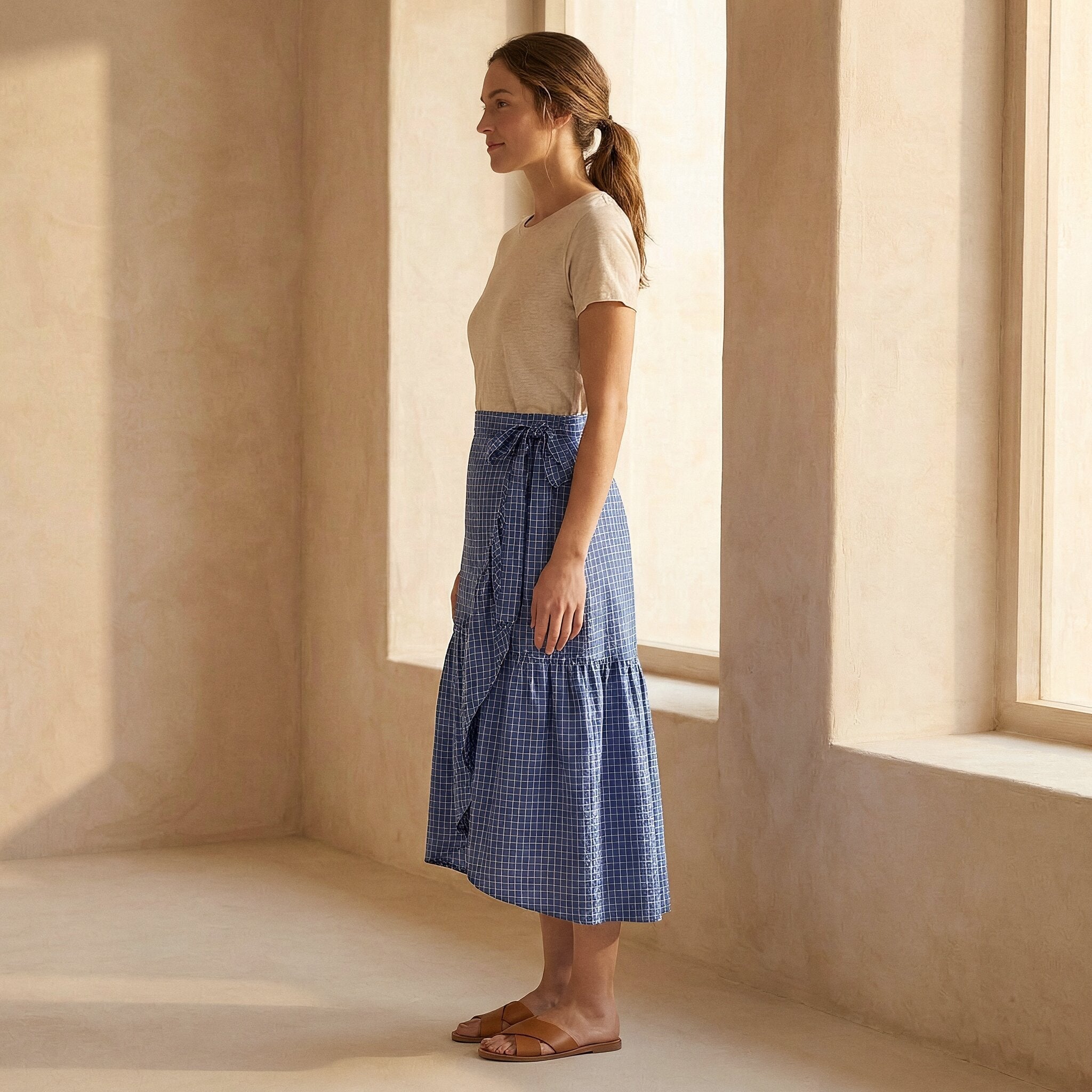Navy Blue Checks Handspun Cotton Ruffle Midi Wrap Skirt