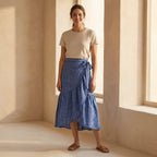 Navy Blue Checks Handspun Cotton Ruffle Midi Wrap Skirt