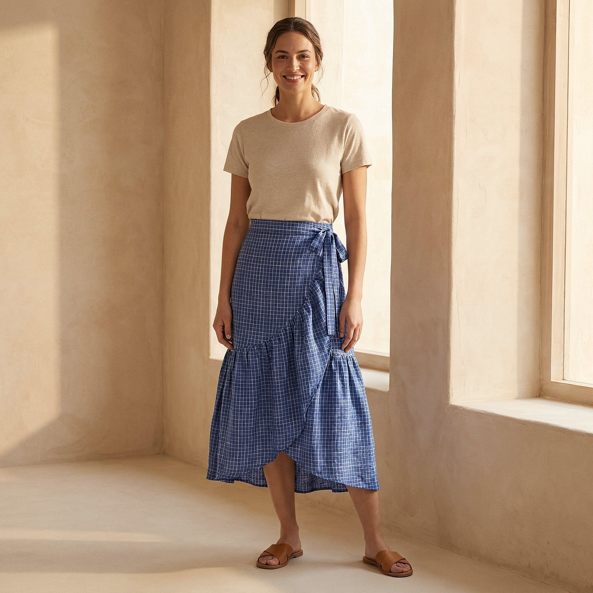 Navy Blue Checks Handspun Cotton Ruffle Midi Wrap Skirt