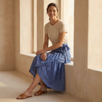 Navy Blue Checks Handspun Cotton Ruffle Midi Wrap Skirt