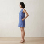 Navy Blue Checks Handspun Cotton Sleeveless A-Line Short Shift Dress