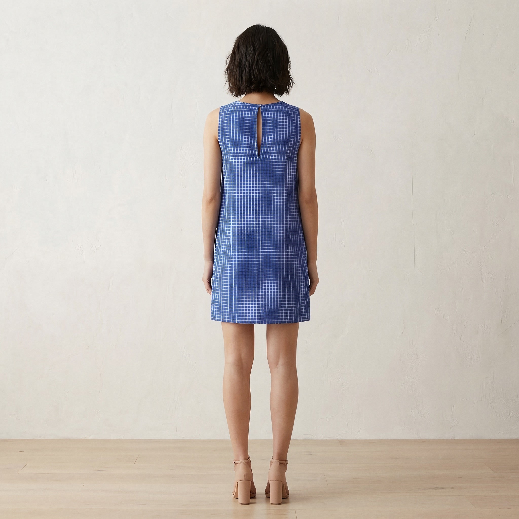 Navy Blue Checks Handspun Cotton Sleeveless A-Line Short Shift Dress