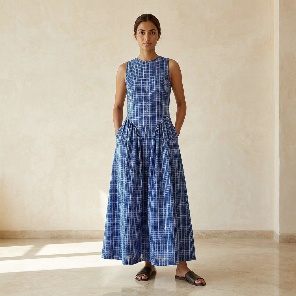 Navy Blue Checks Handspun Cotton Sleeveless Paneled Maxi Dress