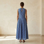 Navy Blue Checks Handspun Cotton Sleeveless Paneled Maxi Dress
