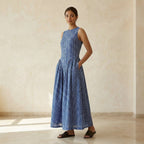 Navy Blue Checks Handspun Cotton Sleeveless Paneled Maxi Dress