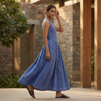 Navy Blue Checks Handspun Cotton Sleeveless Paneled Maxi Dress