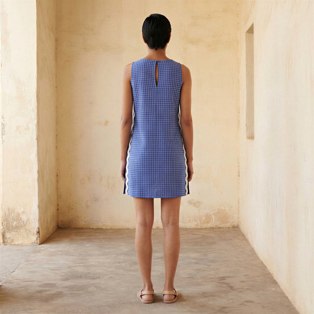 Navy Blue Checks Handspun Cotton Wavy Stripe Short Shift Dress