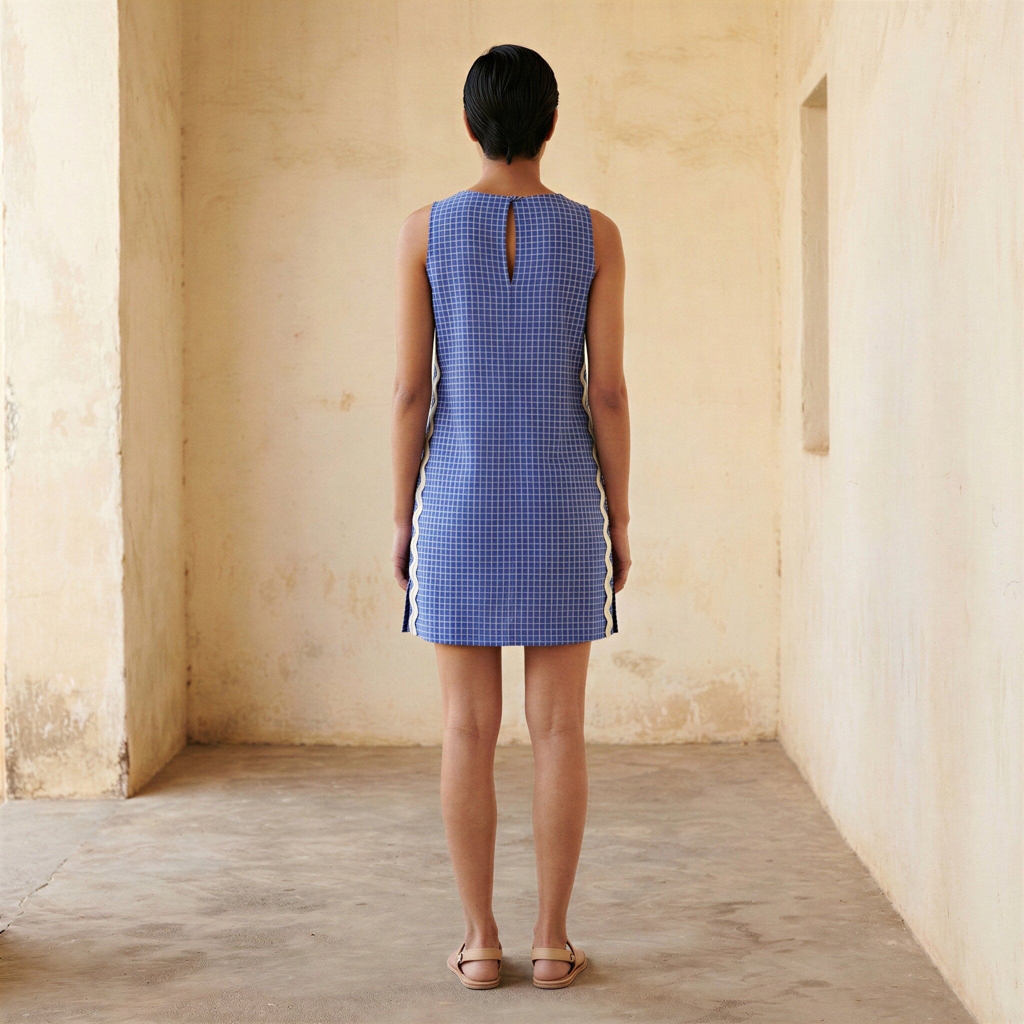 Navy Blue Checks Handspun Cotton Wavy Stripe Short Shift Dress