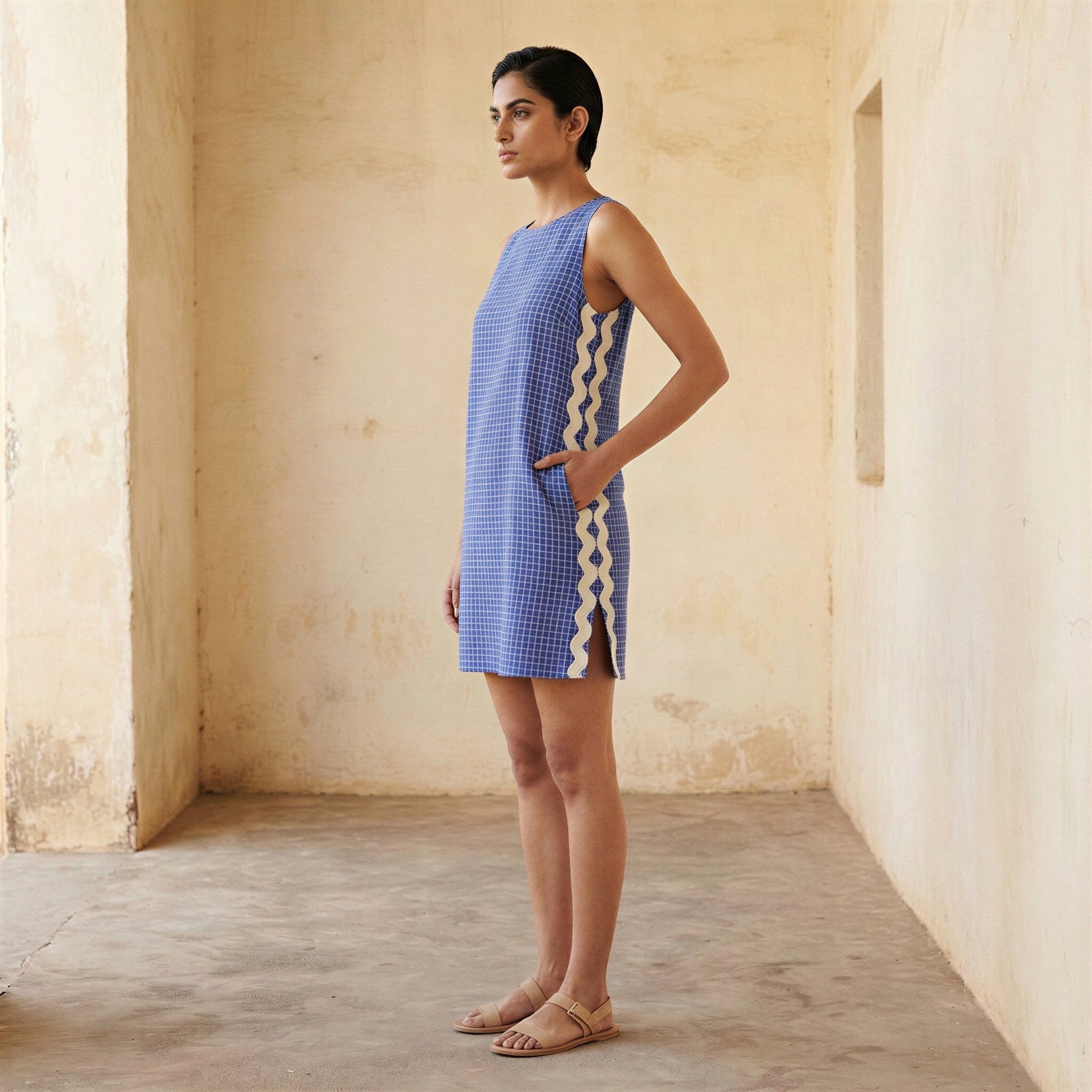 Navy Blue Checks Handspun Cotton Wavy Stripe Short Shift Dress