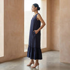 Navy Blue Cotton Flax A-Line V-Neck Sleeveless Maxi Tier Dress