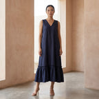 Navy Blue Cotton Flax A-Line V-Neck Sleeveless Maxi Tier Dress