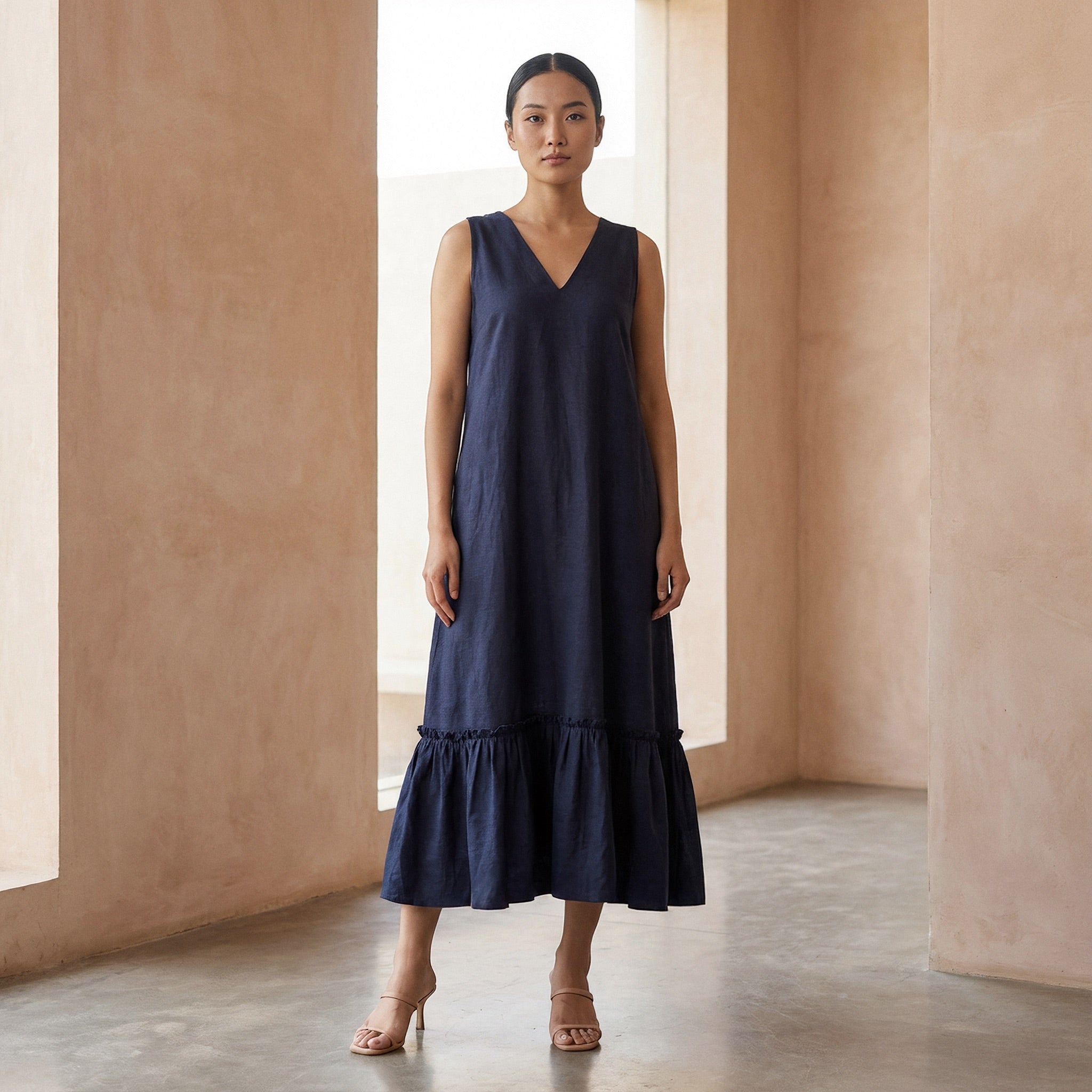 Navy Blue Cotton Flax A-Line V-Neck Sleeveless Maxi Tier Dress