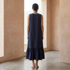 Navy Blue Cotton Flax A-Line V-Neck Sleeveless Maxi Tier Dress